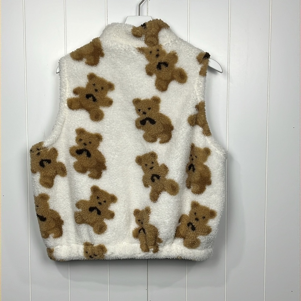 SHEIN Womens Vest Brown/White L Teddy Bear Pattern Full Front Zip Pockets Fleece - Picture 9 of 13